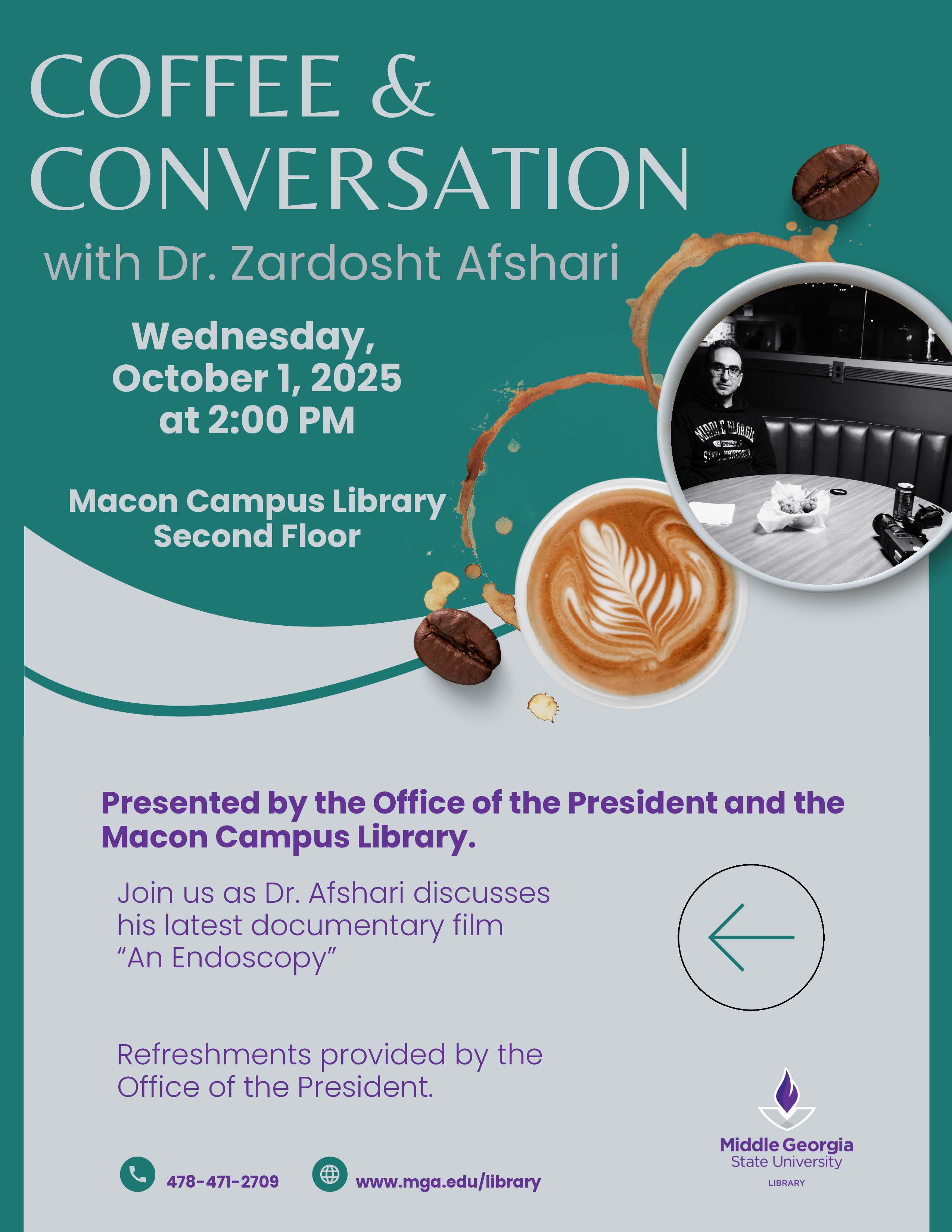 Dr. Zardosht Afshari discusses his latest documentary film, "An Endoscopy," at MGA's Coffee and Conversation on Oct. 1